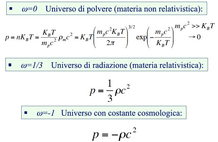 (materia non relativistica): w=1/3 Universo di radiazione