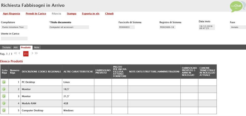 Figura 12: Richiesta Fabbisogni in Arrivo - Prodotti - la sezione Note presenta eventuali note inserite dall'agenzia/pubblica Amministrazione.