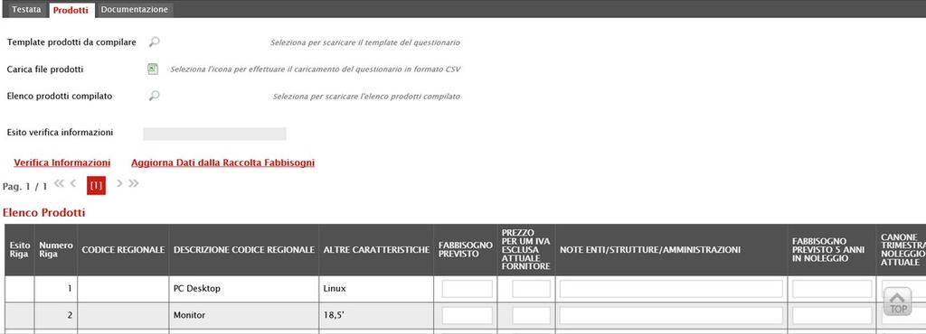 Prodotti Nella sezione Prodotti, dovranno essere indicate tutte le informazioni relative ai prodotti/servizi oggetto della richiesta fabbisogni.