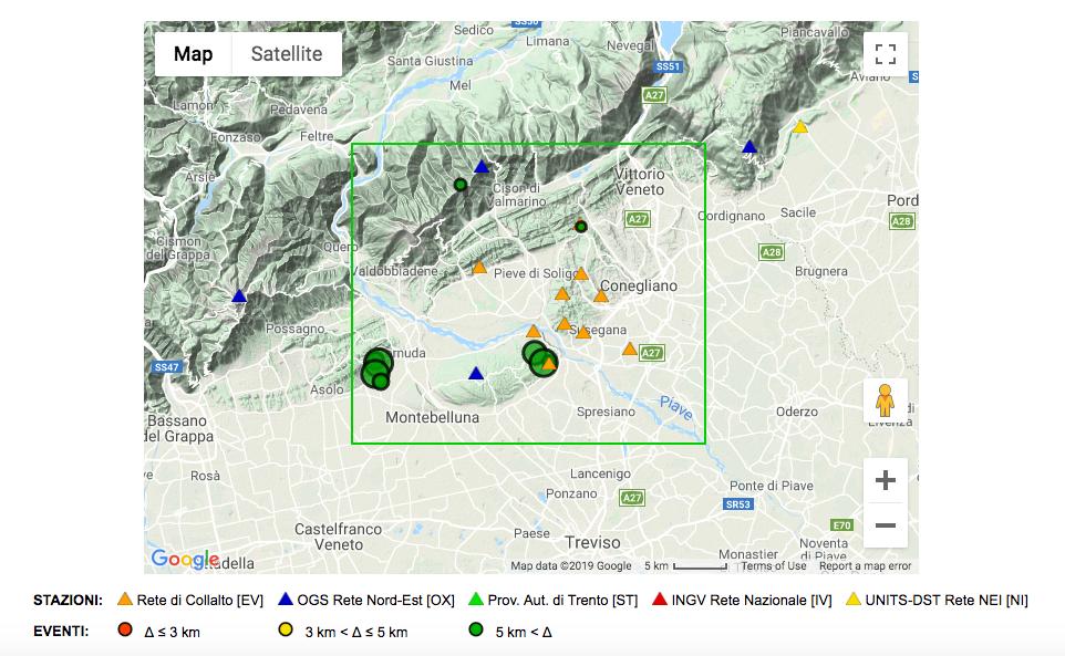 Figura 1 Mappa epicentrale dei 3 eventi sismici localizzati nel comune di Nervesa della Battaglia (TV) nei