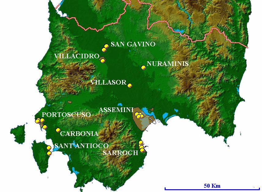 La dislocazione delle stazioni di misura della rete provinciale di Cagliari è rappresentata nella mappa seguente; le aree tratteggiate rappresentano le aree industriali.