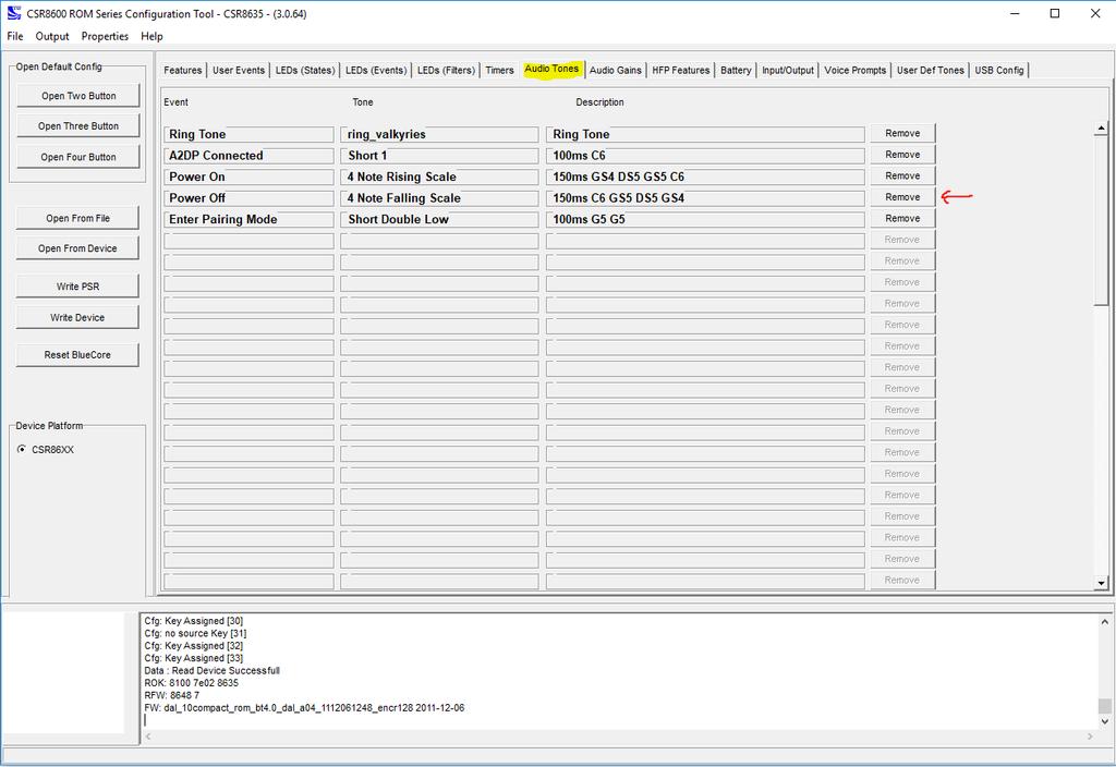 Step 8: Si visualizzeranno nell elenco centrale 4 differenti toni audio in funzione delle varie azioni del modulo Bluetooth.