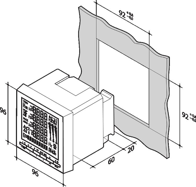 UPA30/UPA4» Scatola A incasso Dimensioni L x A x P 96 x 96 x 60 mm Grado di protezione della scatola IP30 Grado di protezione del pannello frontale IP52 di display LCD retroilluminato di morsettiere