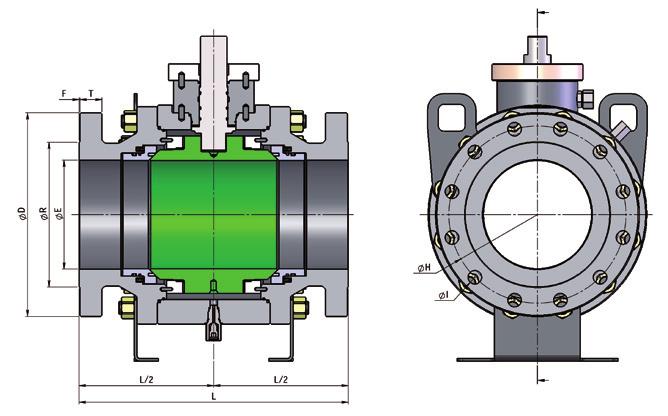 Valvole Trunnion dal DN150 al DN300 Trunnion valve from DN150 to DN300 ANSI 150 DN Ø" ØE LRF ØD ØR FRF T ØH N FORI ØI 150 6" 152 394 280 215,9 1,6 26 241,3 8 22,2 200 8" 203 457 345 269,9 1,6 29