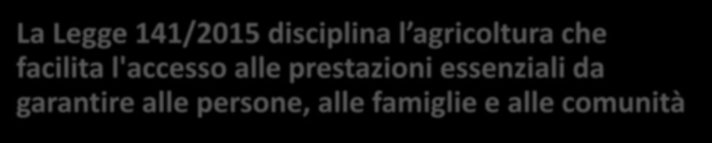 agricoltura comunità - donne La Legge 141/2015 disciplina l agricoltura che facilita l'accesso alle prestazioni essenziali da garantire alle persone, alle famiglie e alle comunità Pratiche