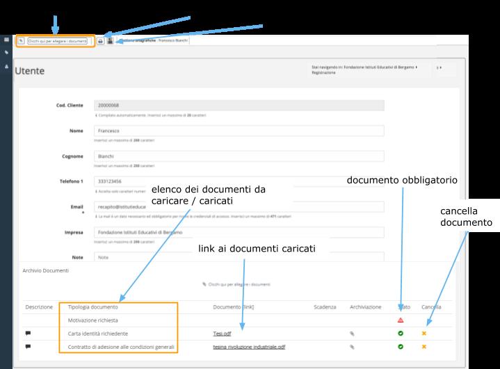 Gestione dei documenti allegati Nella scheda anagrafica, il pulsante evidenziato in arancione ha funzione di aprire e chiudere la finestra di caricamento dei documenti.