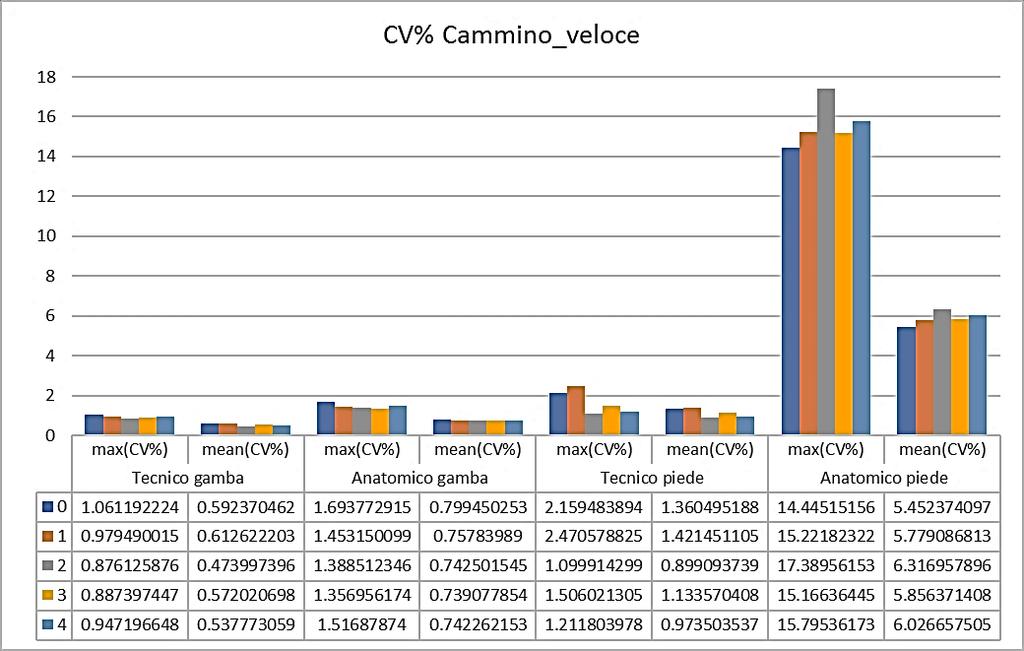 Si può osservare dalla TABELLA 5 che nel cluster anatomico del piede il valore massimo di CV% è molto elevato e dovuto al fatto che i marker sono posti sulle teste metatarsali che, durante la