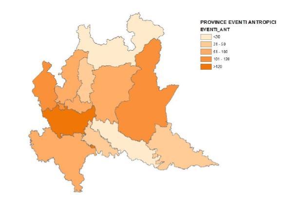 Eventi antropici per provincia MILANO 91 blocchi infrastrutture 64 incendi residenziali/commerciali VARESE 105 BERGAMO 92