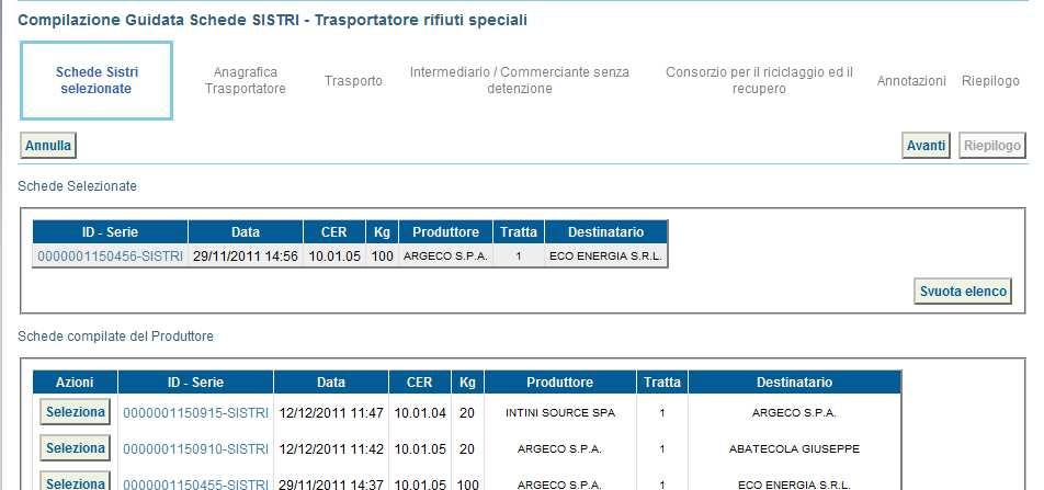 Procedere tramite il tasto Avanti ; La sezione Anagrafica Trasportatore viene alimentata automaticamente dal sistema