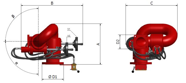 [bar] [bar] [bar] Dimensioni e Pesi Dimensions and Weights MMOC Ø Corpo Body Ø D1 D2 A B C α (1) β (1) V1 Ø V2 Ø Portata Massima Max.