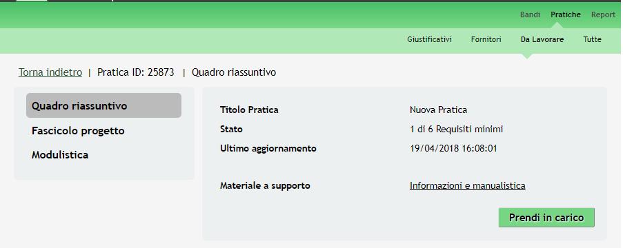 Figura 38 Quadro Riassuntivo Sblocca pratica In questo modo la pratica non è più in carico all operatore che la