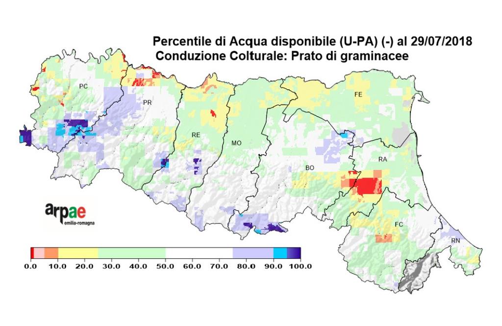 L acqua nel suolo in pianura Deficit rispetto alla cc A fine mese i valori di deficit in pianura hanno superato i 100-140 mm (aree in rosso) in gran parte dei terreni di pianura, con punte sino a 250