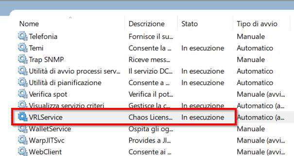 Si apre la finestra dei Servizi installati in Windows.