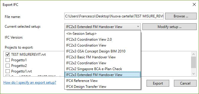 Schermata di esportazione di Revit L importatore dei file IFC Revit viene costantemente aggiornata secondo il debug effettuato dagli utenti Open Source, tuttavia non è incluso nell installazione