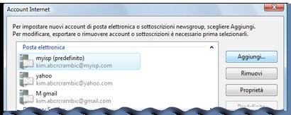 Aggiungere o rimuovere un account in Windows mail In Windows Mail selezionare Account dal menu Strumenti Fare clic su