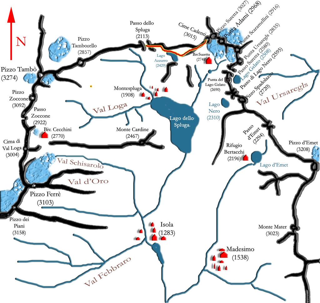 misto con inclinazioni tra i 50 e gli 80 che salgono i vari canali della parete NO. Dal passo dello Spluga si segue il sentiero marcato in direzione Est per il Bivacco Suretta.