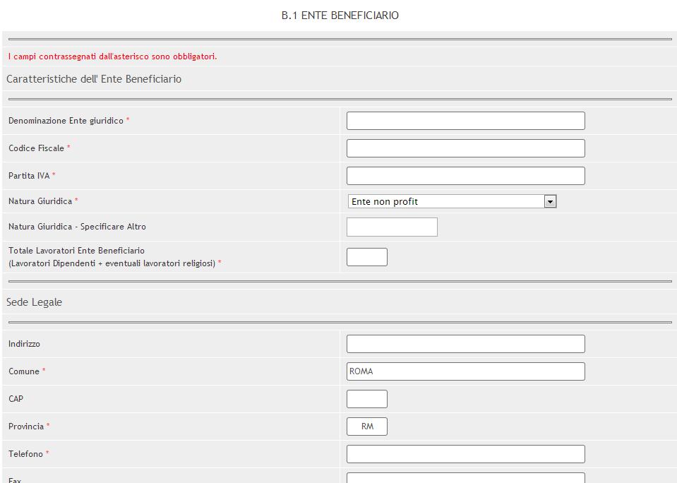 Compilare tutti i campi relativi alla Sezione ENTE BENEFICIARIO.