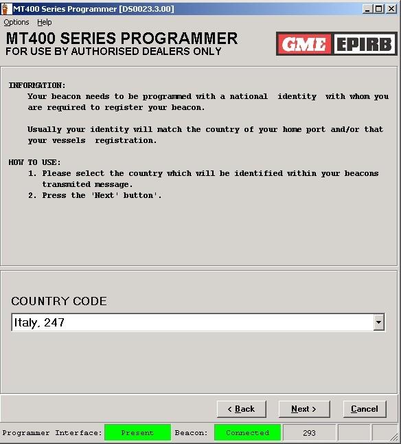 Schermata Country Code Selezionare la nazione nella quale è registrata la barca (attraverso la selezione,