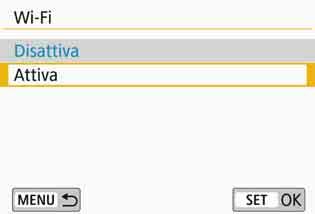 Configurazione delle impostazioni Wi-Fi Eseguire innanzitutto la seguente procedura per configurare le impostazioni Wi-Fi. 1 2 Premere il pulsante <k>.