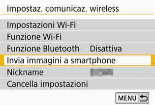 Invio di immagini allo smartphone dalla fotocamera Dopo aver stabilito una connessione Bluetooth (solo Android) o Wi-Fi, è possibile utilizzare la fotocamera per inviare immagini allo smartphone.