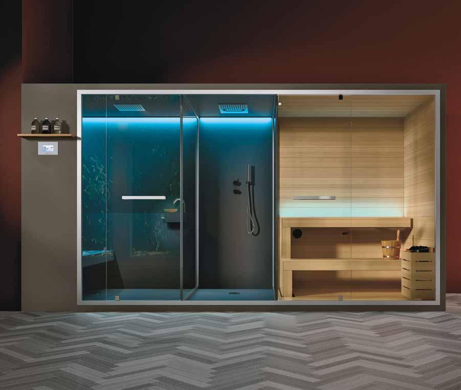 24 25 Ethos Sauna + Hammam Tre moduli per comporre un sistema di wellness integrato funzionale ed accogliente con hammam, spazio doccia e sauna fruibili contemporaneamente da una o più persone.
