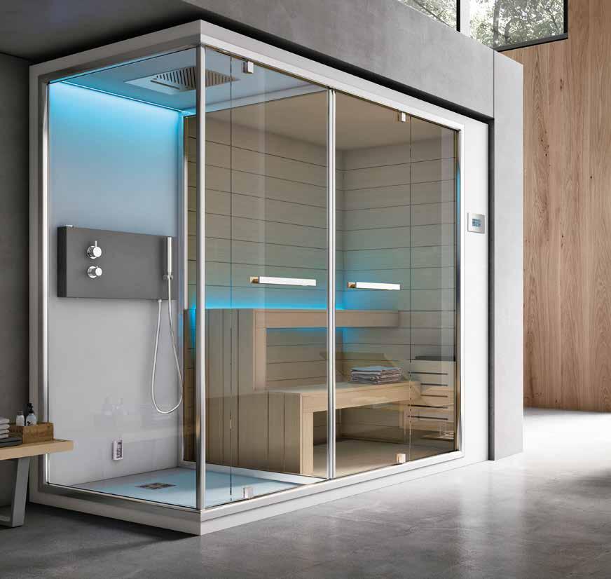 30 31 Ethos C Sauna + Hammam Legni pregiati, materiali tecnologicamente avanzati e soluzioni all avanguardia che ridisegnano il ruolo della sauna e del bagno turco per gli ambienti domestici e