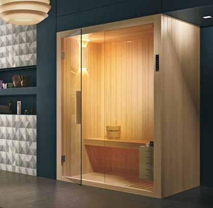 62 63 Kyra Sauna 150x120xH215 cm sauna finitura Hemlock sauna Hemlock finish Linee semplici e la continuità delle forme, Kyra trasforma la sauna in un oggetto d arredo che si adatta ad ogni ambiente