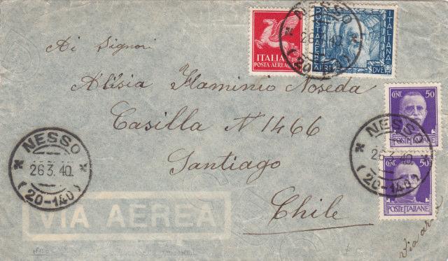 Fig. 13 - Lettera volata da Nesso, Italia (p. 26.3.40) a Santiago, Cile, via Rio de Janeiro, Brasile.