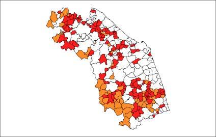 Fig.3 - Comuni con popolazione inferiore a 3.000 abitanti. In rosso i comuni con strumento urbanistico adeguato al Ppar vigente o adottato (C, D, F).