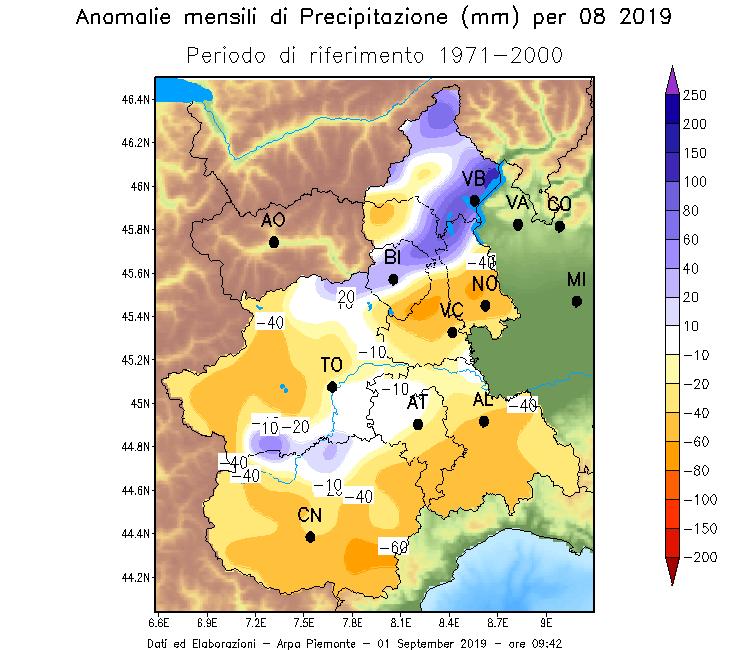 Figura 11 - Anomalia della precipitazione cumulata sul Piemonte nel mese di Agosto 2019 rispetto alla climatologia degli anni 1971-2000.
