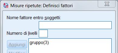 Esempio in SPSS Usiamo Analizza Modello lineare generalizzato Misure ripetute Inventiamo un nome per il fattore MR (Gruppo)