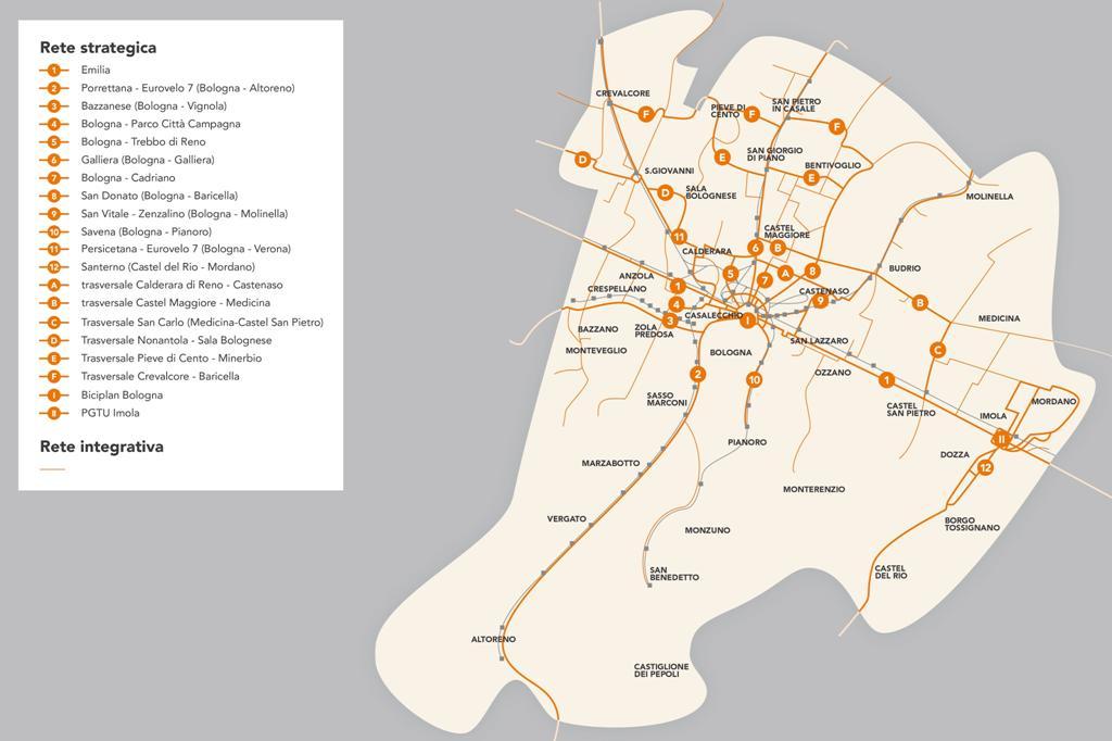 BICIPLAN METROPOLITANO - RETE PER LA MOBILITÀ QUOTIDIANA 18 grandi ciclabili per la mobilità pendolare e giornaliera Possibilità di scambio con la rete portante del