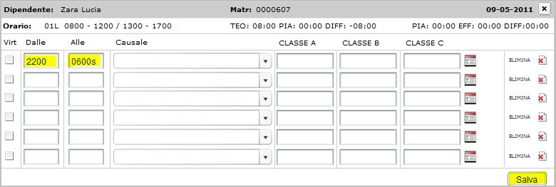 Esempio: orario notturno inserito nel giorno 09/05/2011: Si preme il pulsante salva e l orario viene spezzato e visualizzato