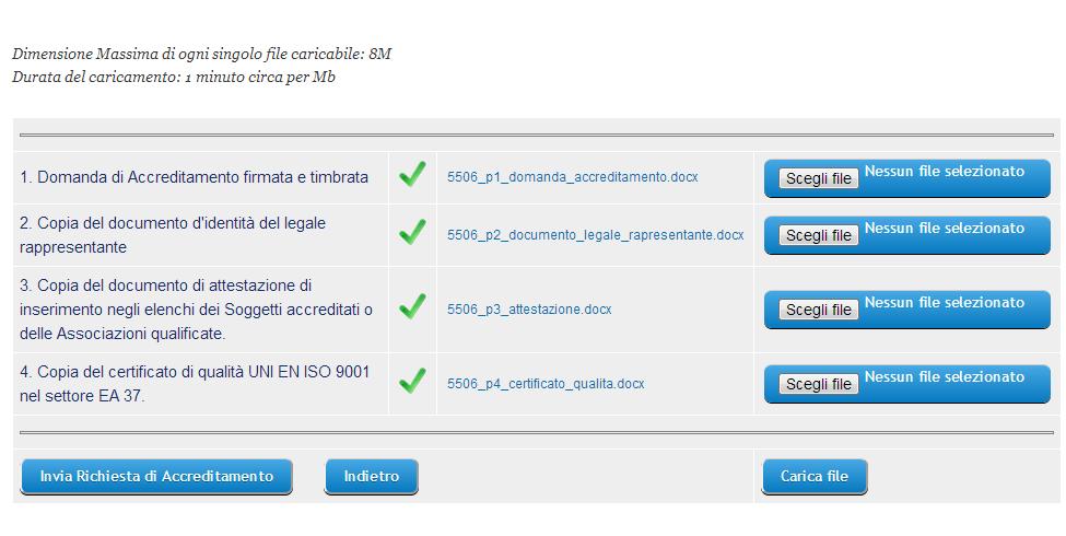 Verificare che tutti gli allegati richiesti risultino contrassegnati come caricati. Si può inviare la richiesta.