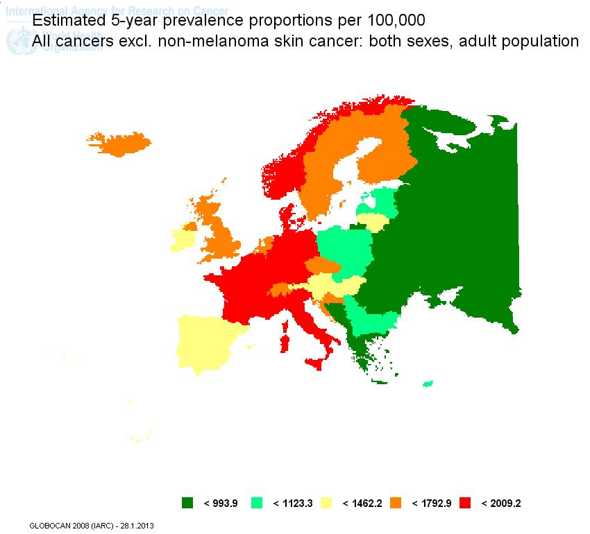 La prevalenza per tumore a 5 anni in Europa In Europa (EU27, 500 milioni di abitanti), si stima che nel 2008 circa