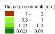 della dimensione e della granulometria del materiale al fondo definita sulla base della carta sedimentologica con la distribuzione dal diametro medio