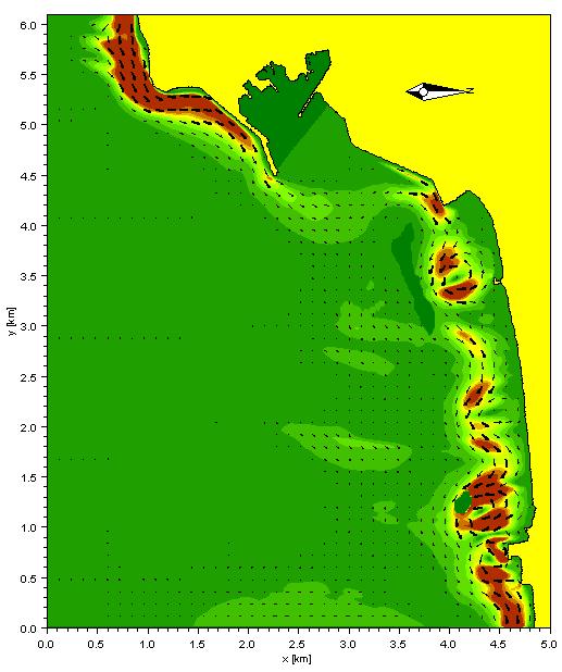 Si riportano nelle successive figure le immagini dei risultati in termini di flusso dei sedimenti, e di tendenza accumulo-erosione per gli attacchi ondosi da 190 N e 140 N mettendo a confronto i due