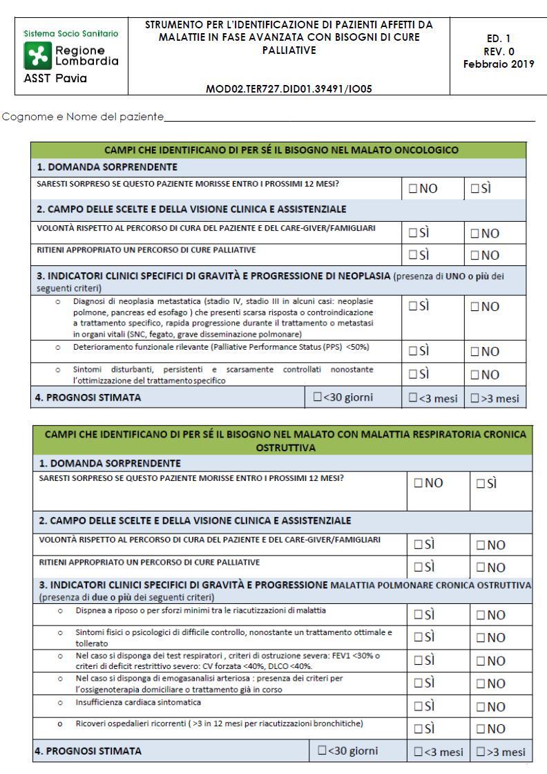 Tale allegato dovrà essere sempre presente nella documentazione clinica degli Hospice. 1- Alla DOMANDA SORPRENDENTE la risposta negativa avvia la valutazione.