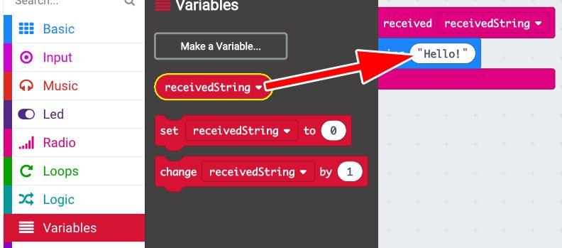 PASSO 9 Dalla sezione Variables trascinare la variabile receivedstring all