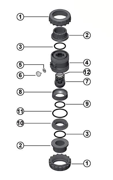 COMPONENTI ESPLOSO SXE SSE 1 Ghiera (PVC-U - 2) 2 Manicotto (PVC-U - 2) 3 O-Ring di tenuta di testa (EPDM, FPM - 2) 4 Cassa (PVC-U - 1) 5 Piastrina porta etichetta (PVC - 1) 6 Tappo di