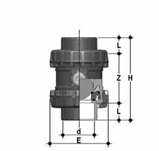 SXEAV Valvola di ritegno a sfera Easyfit con attacchi femmina per incollaggio, serie ASTM d DN PN E H L Z g Codice EPDM Codice FPM 2 1/2 65 16 157 211 44,5 122 2605 SXEAV212E SXEAV212F 3 80 16 174