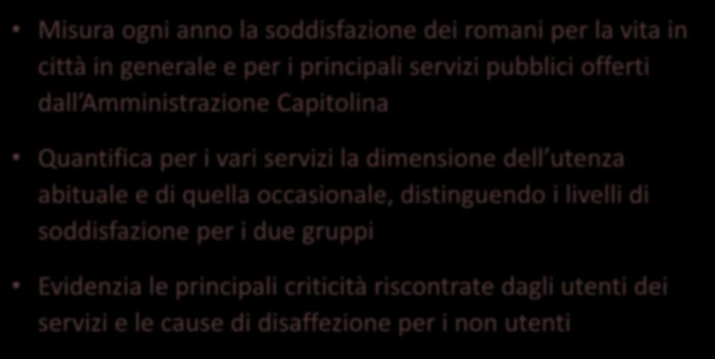 L Indagine sulla qualità della vita e dei servizi pubblici locali a Roma Misura ogni anno la soddisfazione dei romani per la vita in città in generale e per i principali servizi pubblici offerti dall