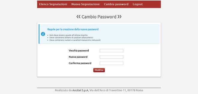 Primo accesso Al primo accesso, il Sistema richiede il cambio della password: cliccando su Cambia