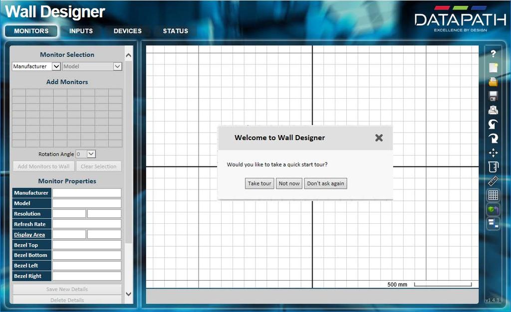 FASE 7 WALL DESIGNER Start Tutti i programmi Wall Designer Una volta aperto Wall Designer appare la seguente finestra di dialogo: 1 2 3 4 1 Modalità di funzionamento: selezione monitor, input e