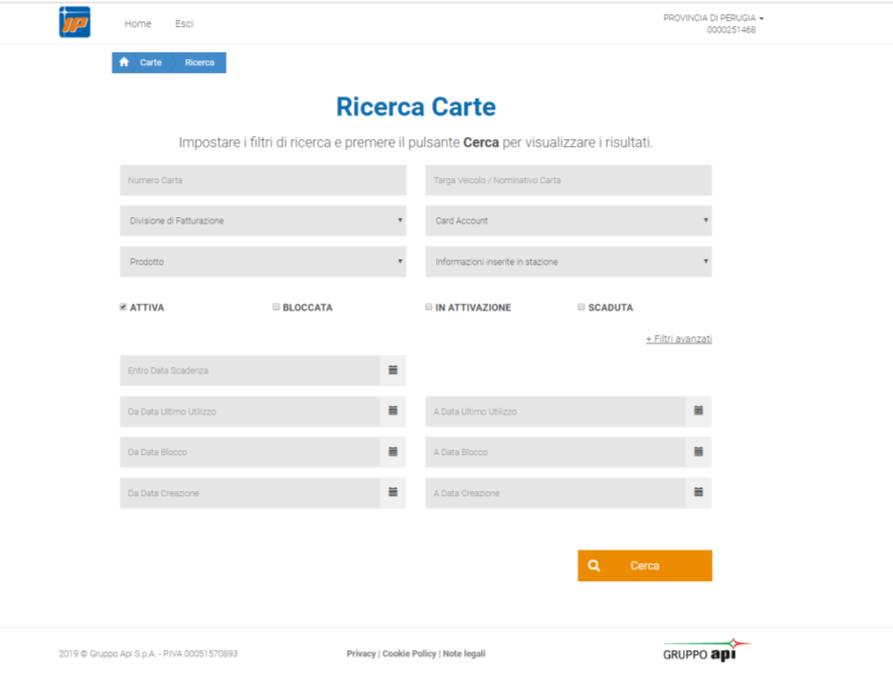 RICERCA CARTE Cliccando Ricerca nella sezione Carte Utilizzando i filtri a disposizione (Numero Carta, Targa, Divisione, Prodotto, Stato) e cliccando il pulsante arancione Cerca