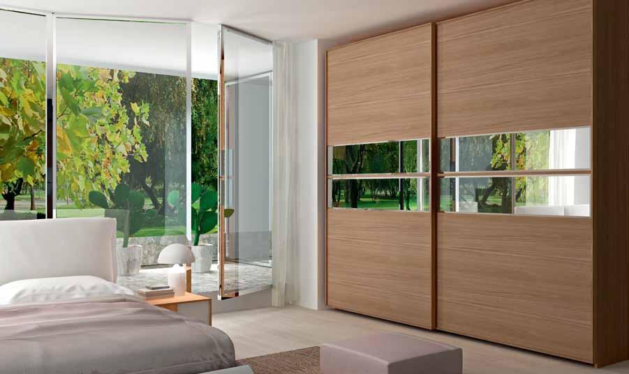 Wardrobe system with two central mirror inserts, combinable with upper and lower front door panels.