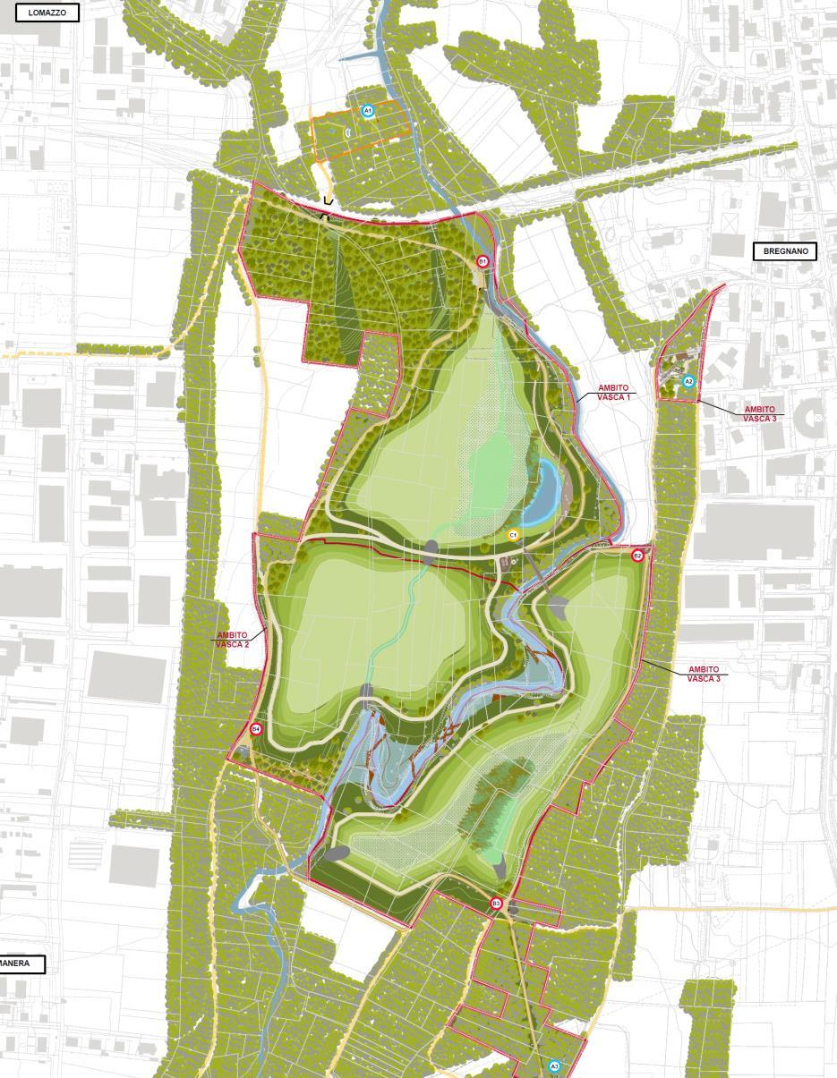 Il sistema di laminazione di progetto risulta composto da 3 aree di esondazione controllata delle piene: le prime 2 (in sponda idraulica destra in territorio di Lomazzo), per complessivi 340.