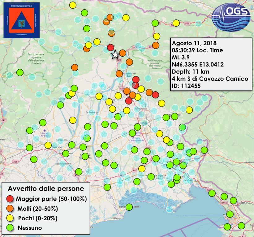 Figura 5 Mappa delle osservazioni dei terremoto da parte del