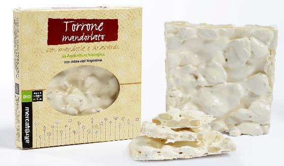 torroni TORRONE MANDORLATO CON MANDORLE, ANACARDI E MIELE BIOLOGICI Torrone duro e croccante fatto a mano secondo la tradizione torroniera dei Maestri di