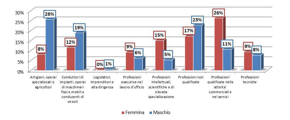 Provincia di Cremona - Focus Genere Avviamenti per professioni e genere Come è possibile osservare dalla Figura sottostante, il 17% degli avviamenti per il genere femminile (oltre 3.